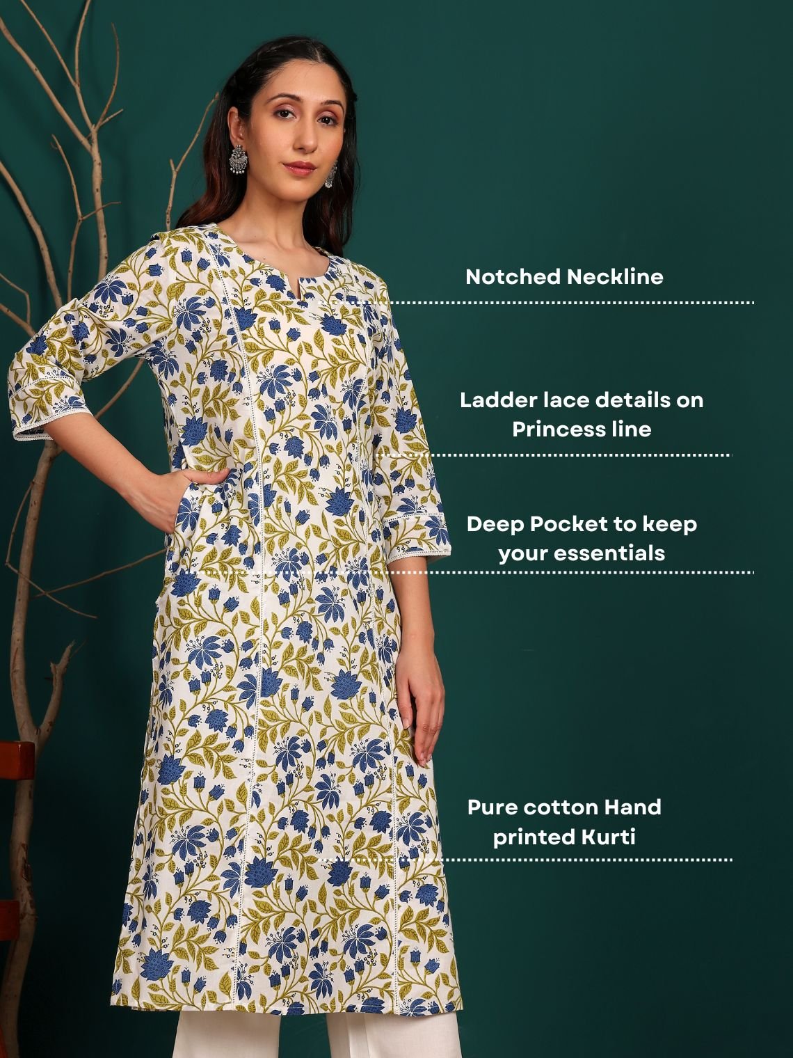 Adhira Hand Printed Cotton Kurti with Lace Detailing - Chowkhat Lifestyle