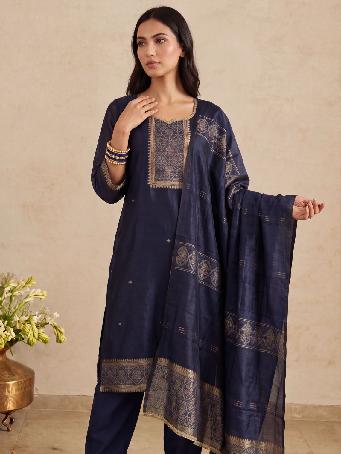 Vaani Jamdani Silk Kurta & Palazzo Suit Set with Dupatta - Chowkhat Lifestyle