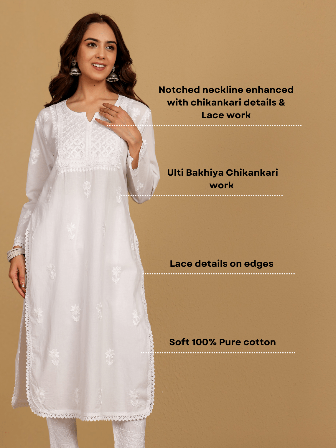 Nikhat Cotton Straight Hand Embroidered Chikankari Kurti With Lace Detaling - Chowkhat Lifestyle