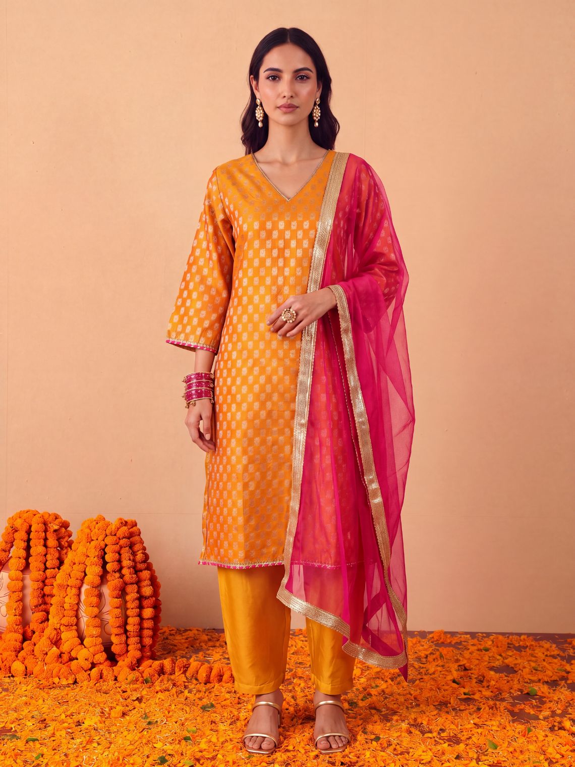 Paakhi Hand Embroidered Chanderi Kurta & Palazzo set with Contrast Organza Dupatta - Chowkhat Lifestyle
