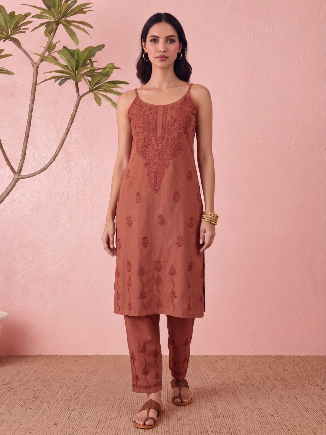 Anamika Rayon Strap Chikankari Kurta & Palazzo Set - Chowkhat Lifestyle