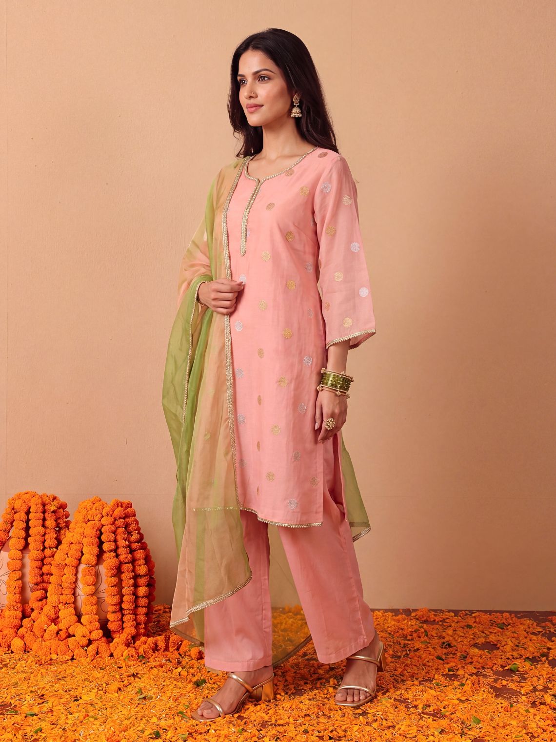 Falguni Chanderi Kurta & Palazzo set with Contrast Organza Dupatta - Chowkhat Lifestyle