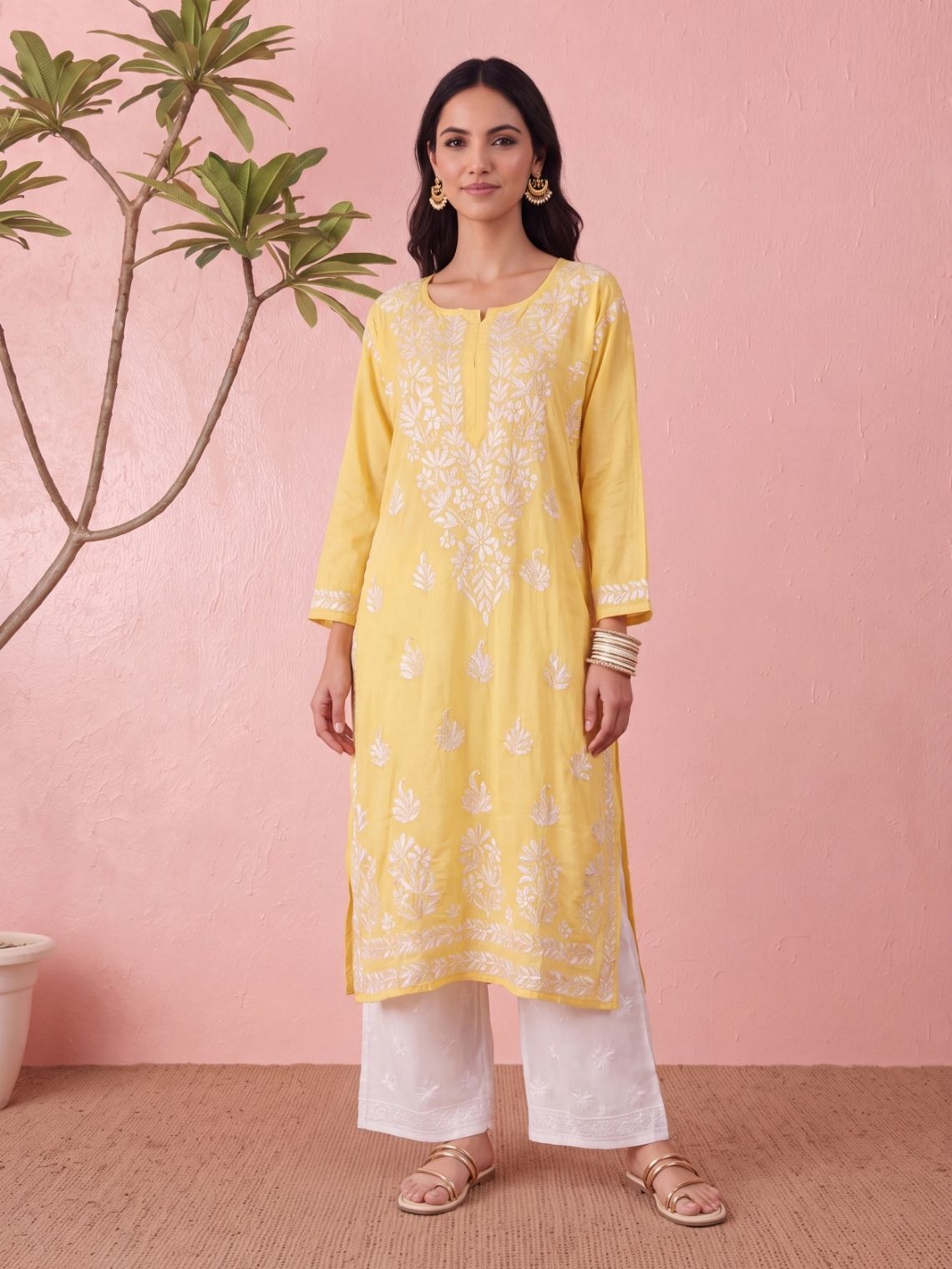Nitara Modal Straight Long Chikankari Kurti - Chowkhat Lifestyle