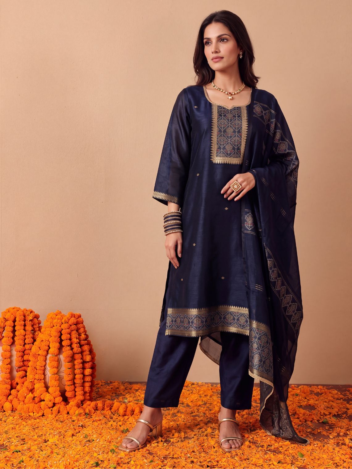 Vaani Jamdani Silk Kurta & Palazzo Suit Set with Dupatta