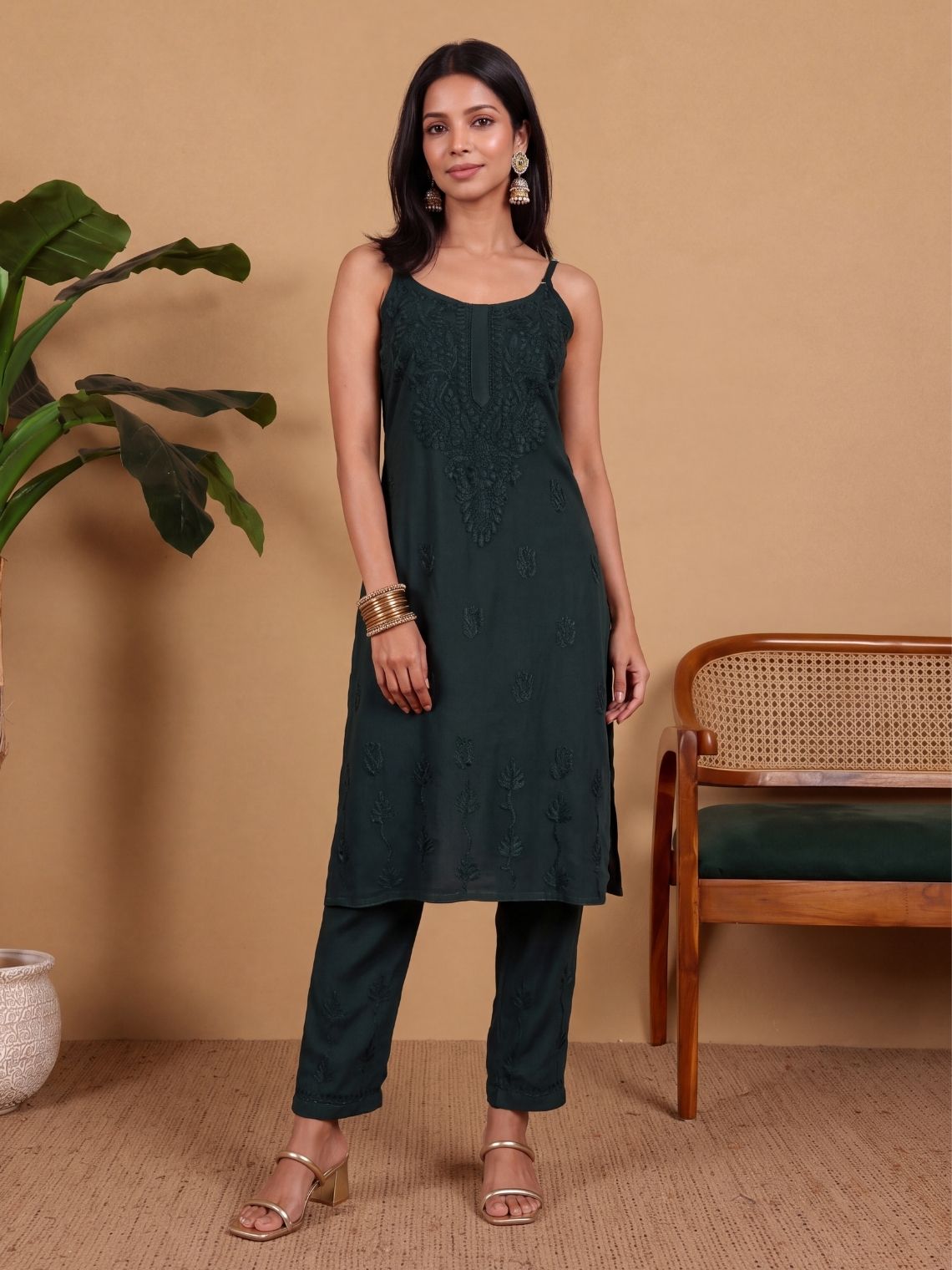 Anamika Rayon Strap Chikankari Kurta & Palazzo Set - Chowkhat Lifestyle