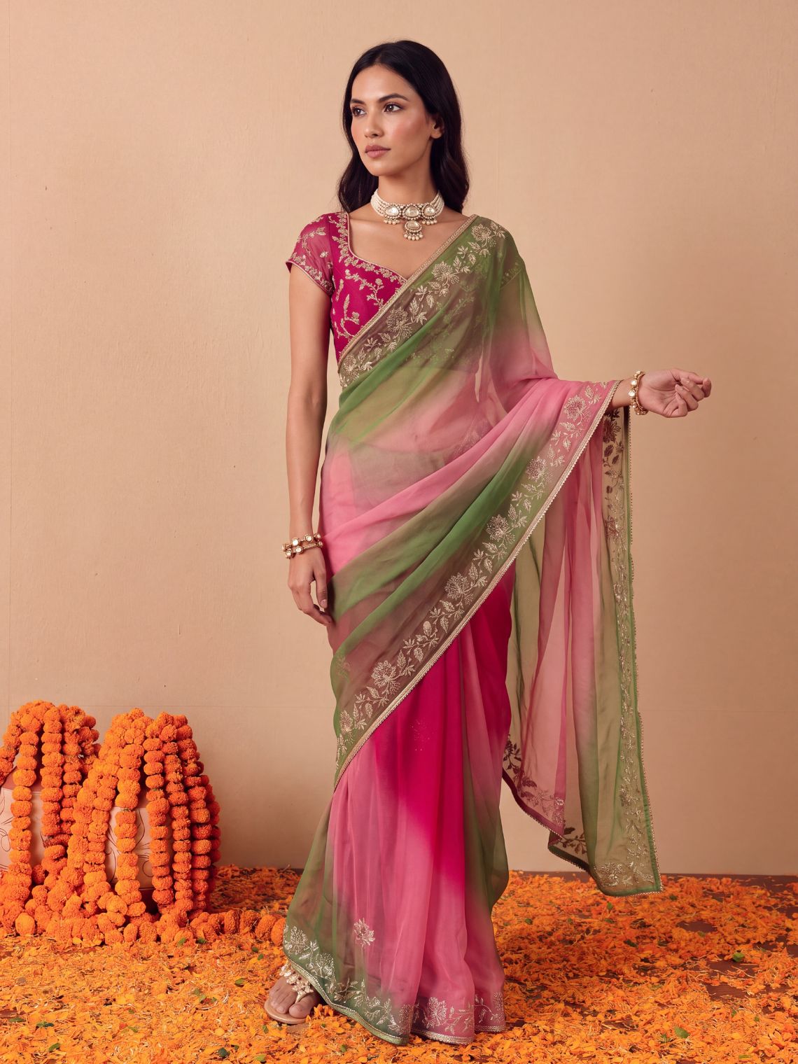 Rhea Hand Embroidered Badla Work Ombre Chiffon Saree with Blouse Piece - Chowkhat Lifestyle