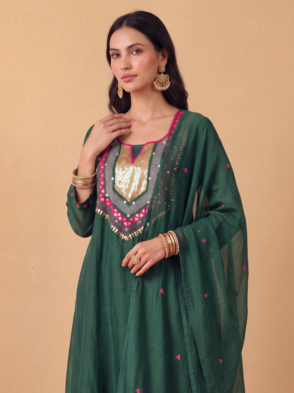 Tulika Mul Chanderi Hand Embroidered A Line 3 Piece Suit set - Chowkhat Lifestyle