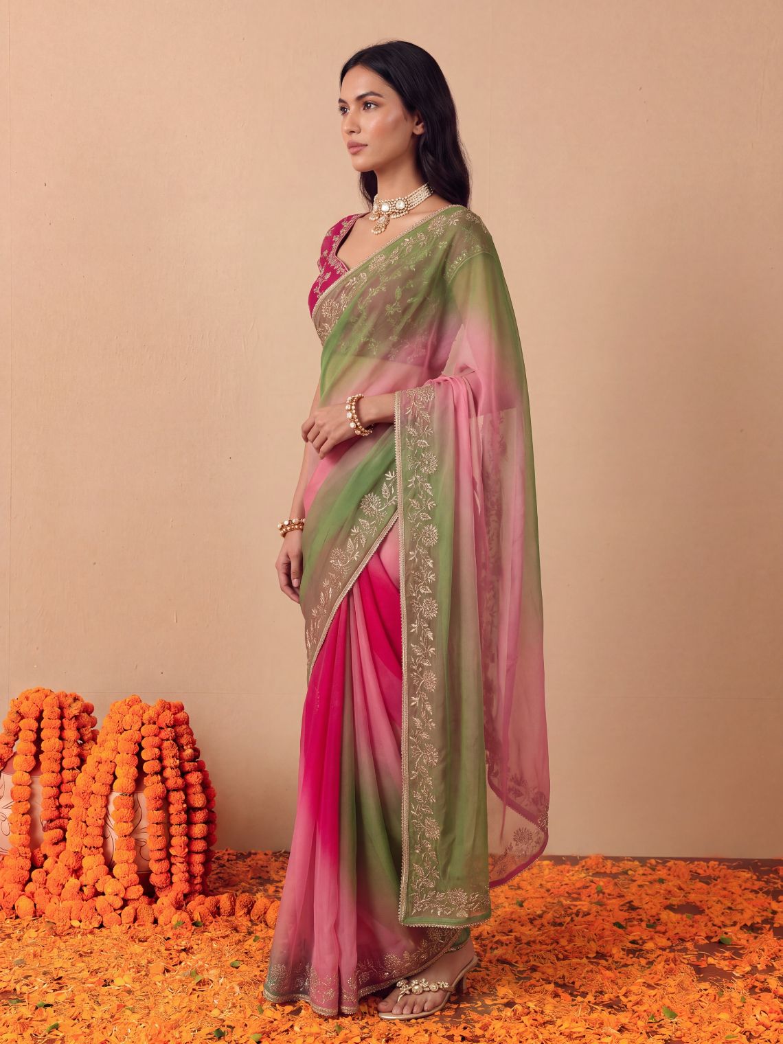 Rhea Hand Embroidered Badla Work Ombre Chiffon Saree with Blouse Piece - Chowkhat Lifestyle