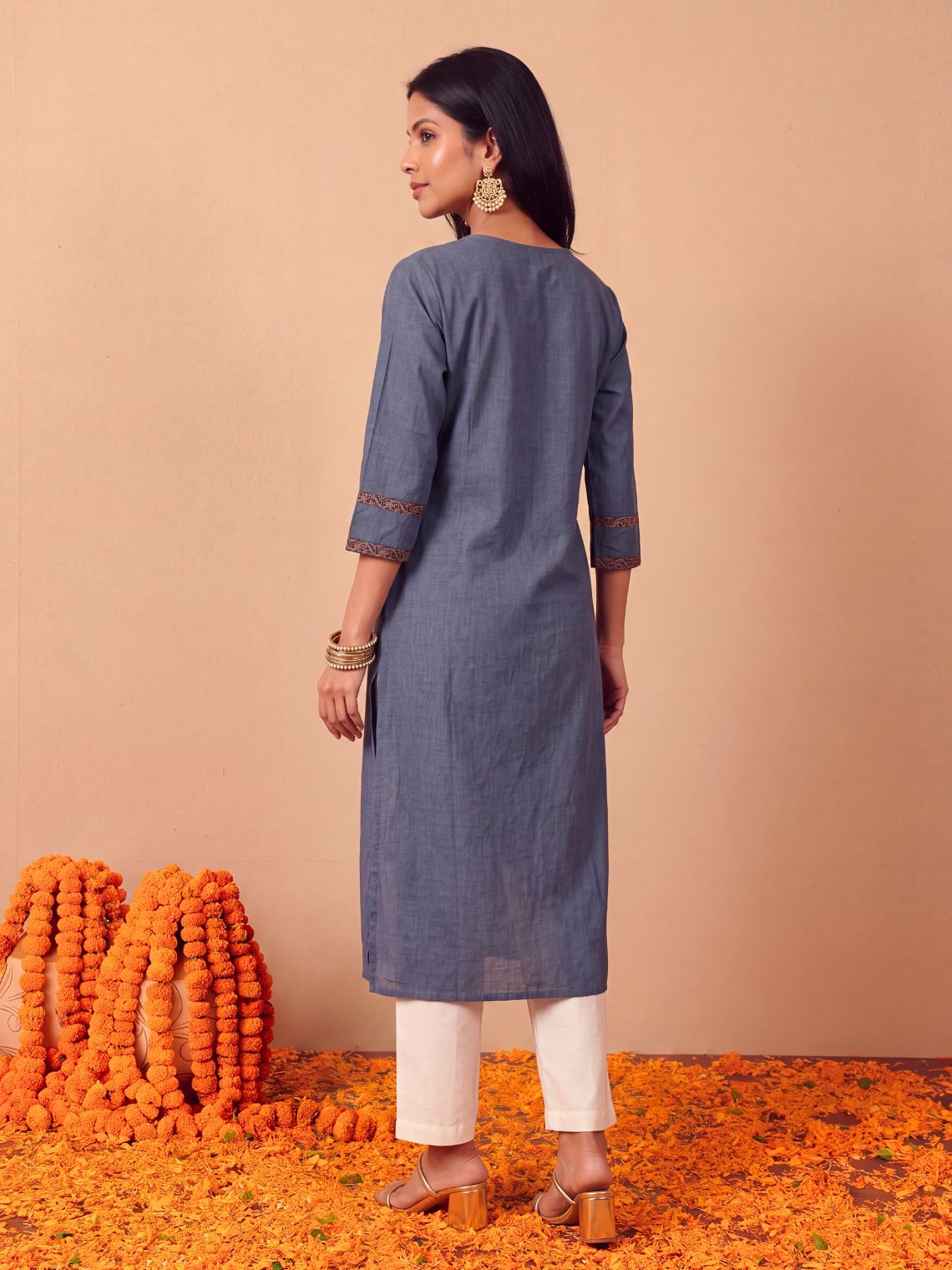 Saanjh Handloom Cotton Straight Kurti with Handwork - Blue - Chowkhat Lifestyle