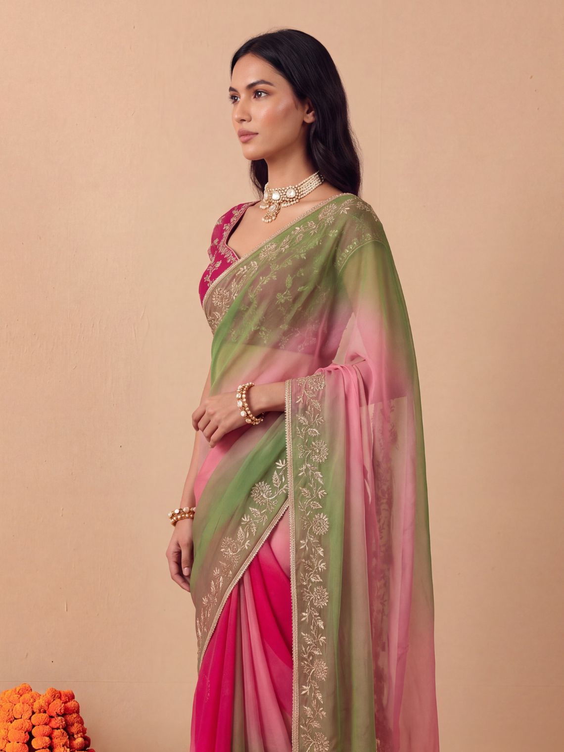 Rhea Hand Embroidered Badla Work Ombre Chiffon Saree with Blouse Piece - Chowkhat Lifestyle