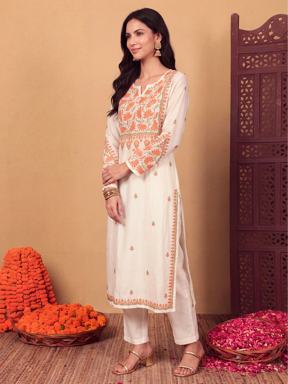 Phool Premium Chanderi Straight Long Chikankari Kurti - Chowkhat Lifestyle