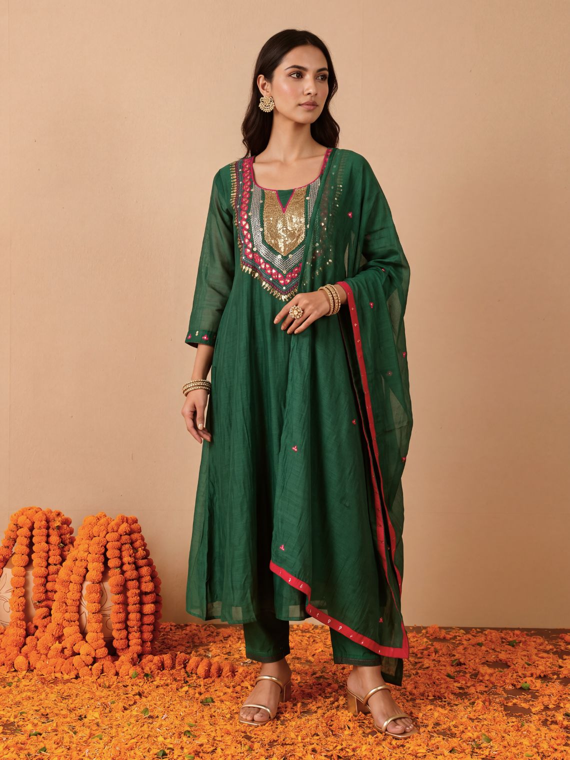 Tulika Mul Chanderi Hand Embroidered A Line 3 Piece Suit set - Chowkhat Lifestyle