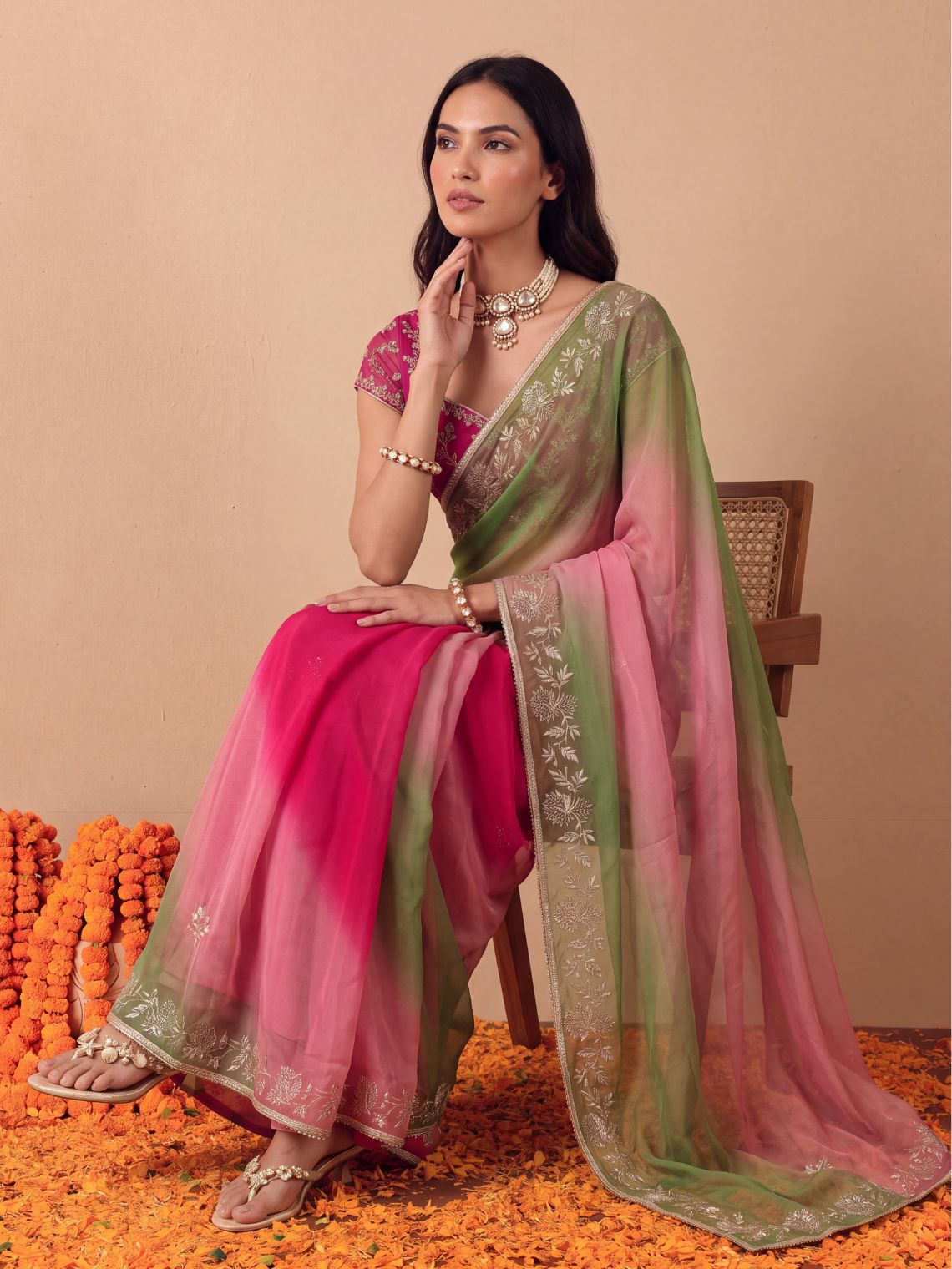 Rhea Hand Embroidered Badla Work Ombre Chiffon Saree with Blouse Piece - Chowkhat Lifestyle