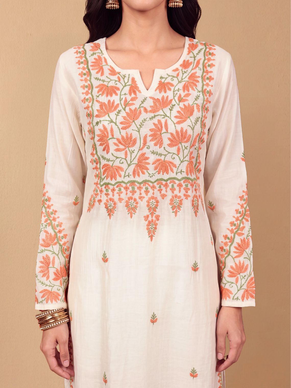Phool Premium Chanderi Straight Long Chikankari Kurti - Chowkhat Lifestyle