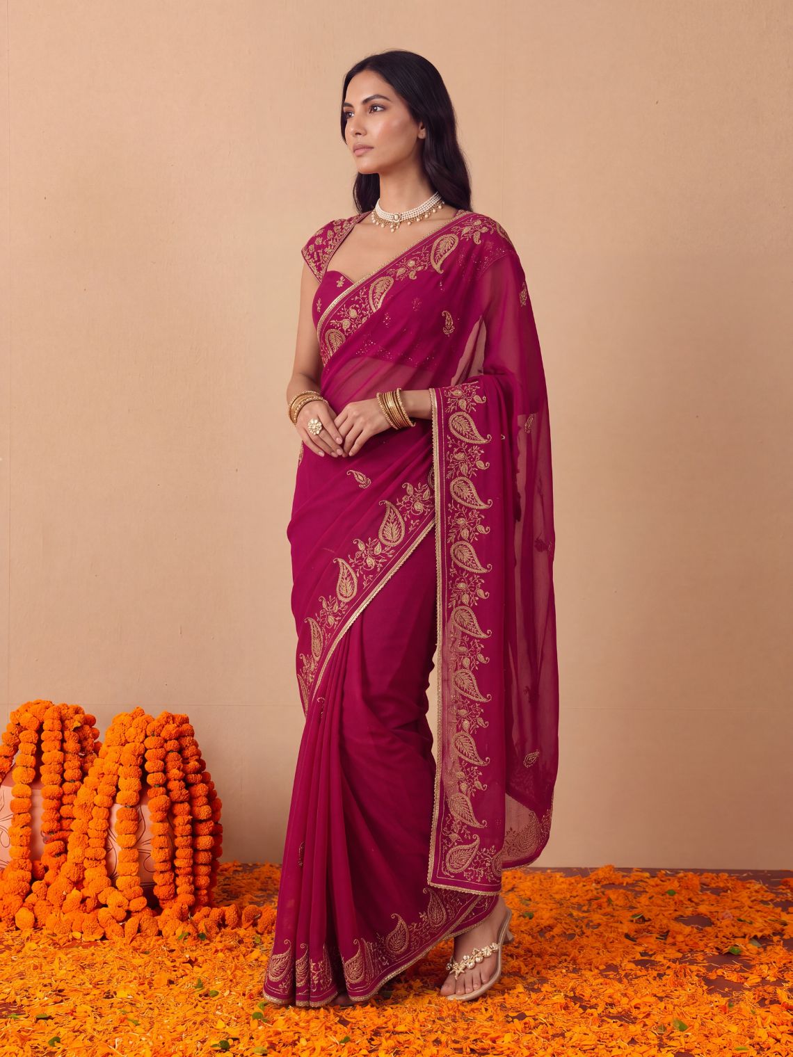 Avani Hand Embroidered Zari Work Chiffon Saree with Blouse Piece - Chowkhat Lifestyle