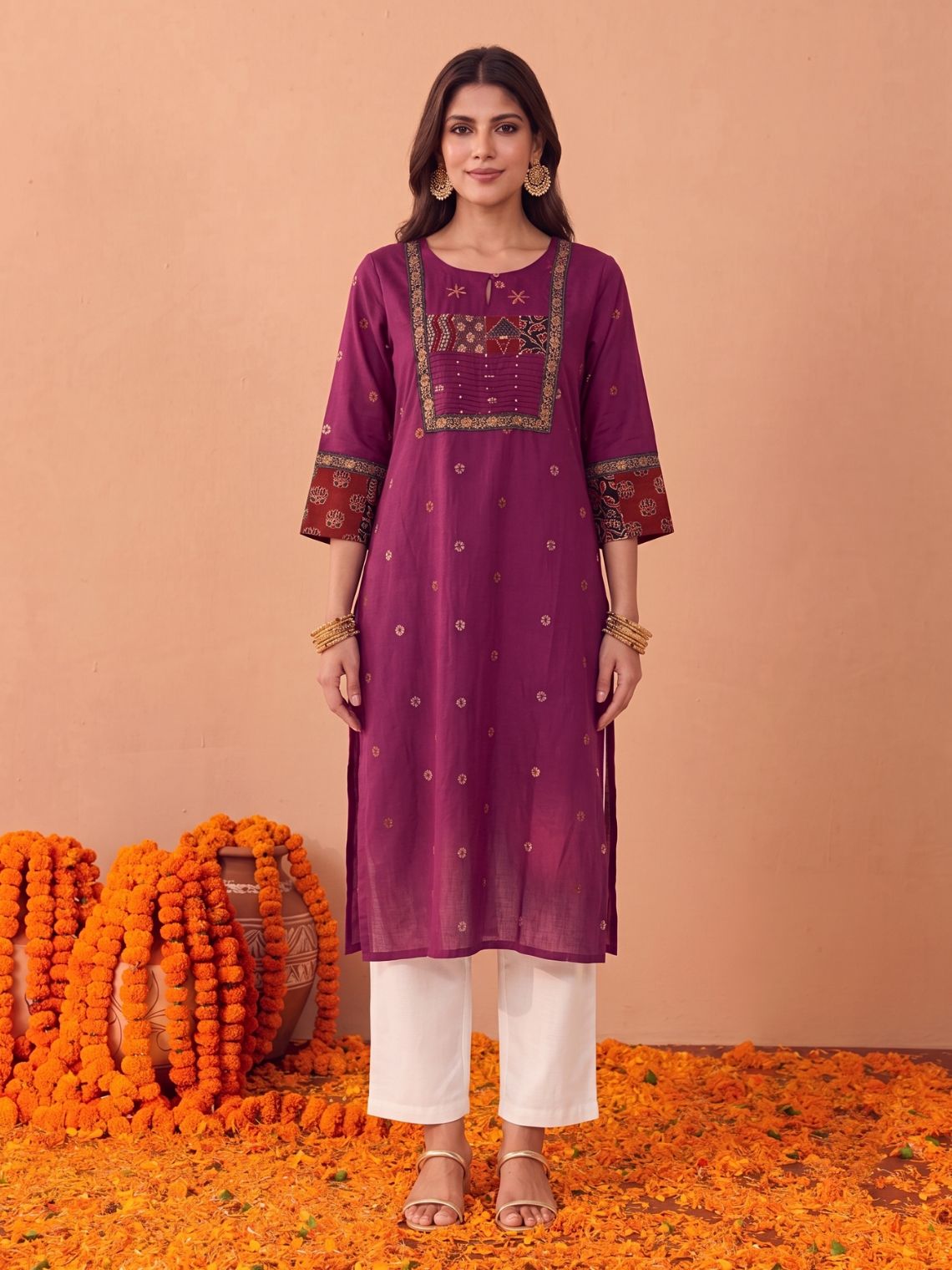 Saanjh Handloom Cotton Straight Kurti with Handwork - Purple