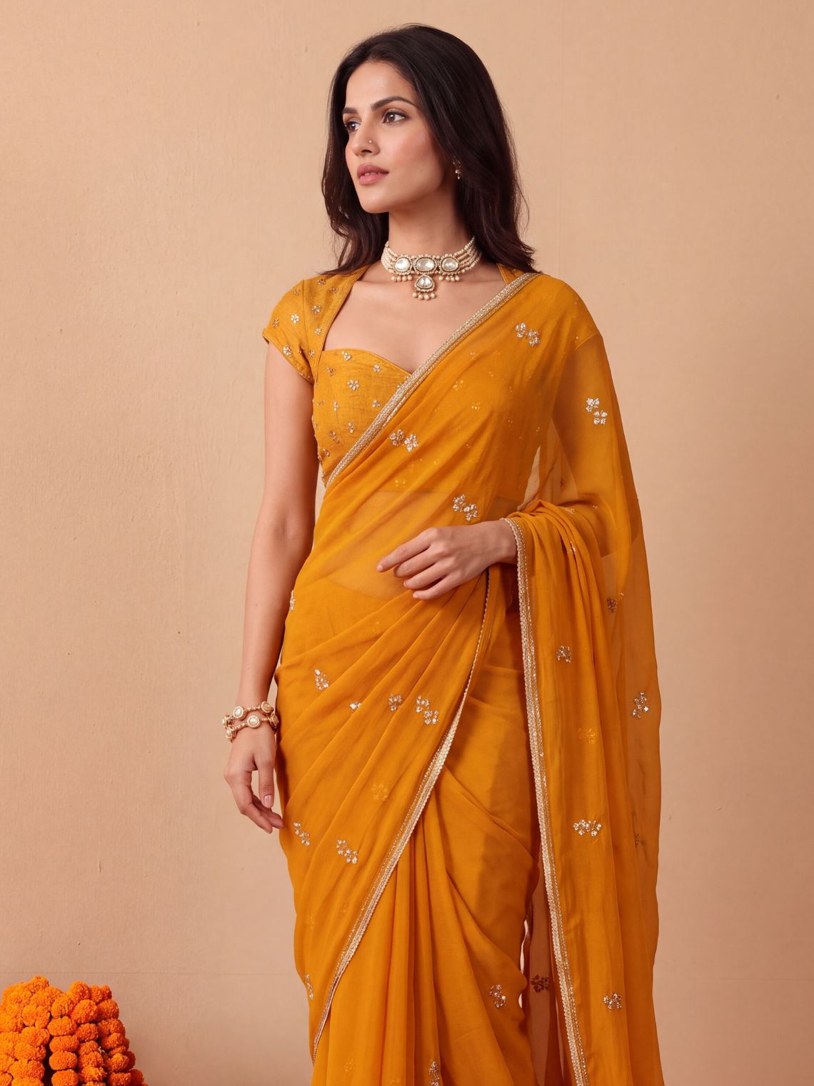 Shagun Hand Embroidered Kasab Work Chiffon Saree with Blouse Piece - Chowkhat Lifestyle