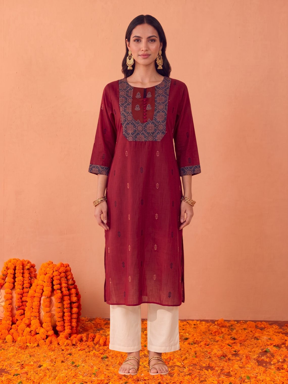 Saanjh Handloom Cotton Straight Kurti with Handwork - Red - Chowkhat Lifestyle