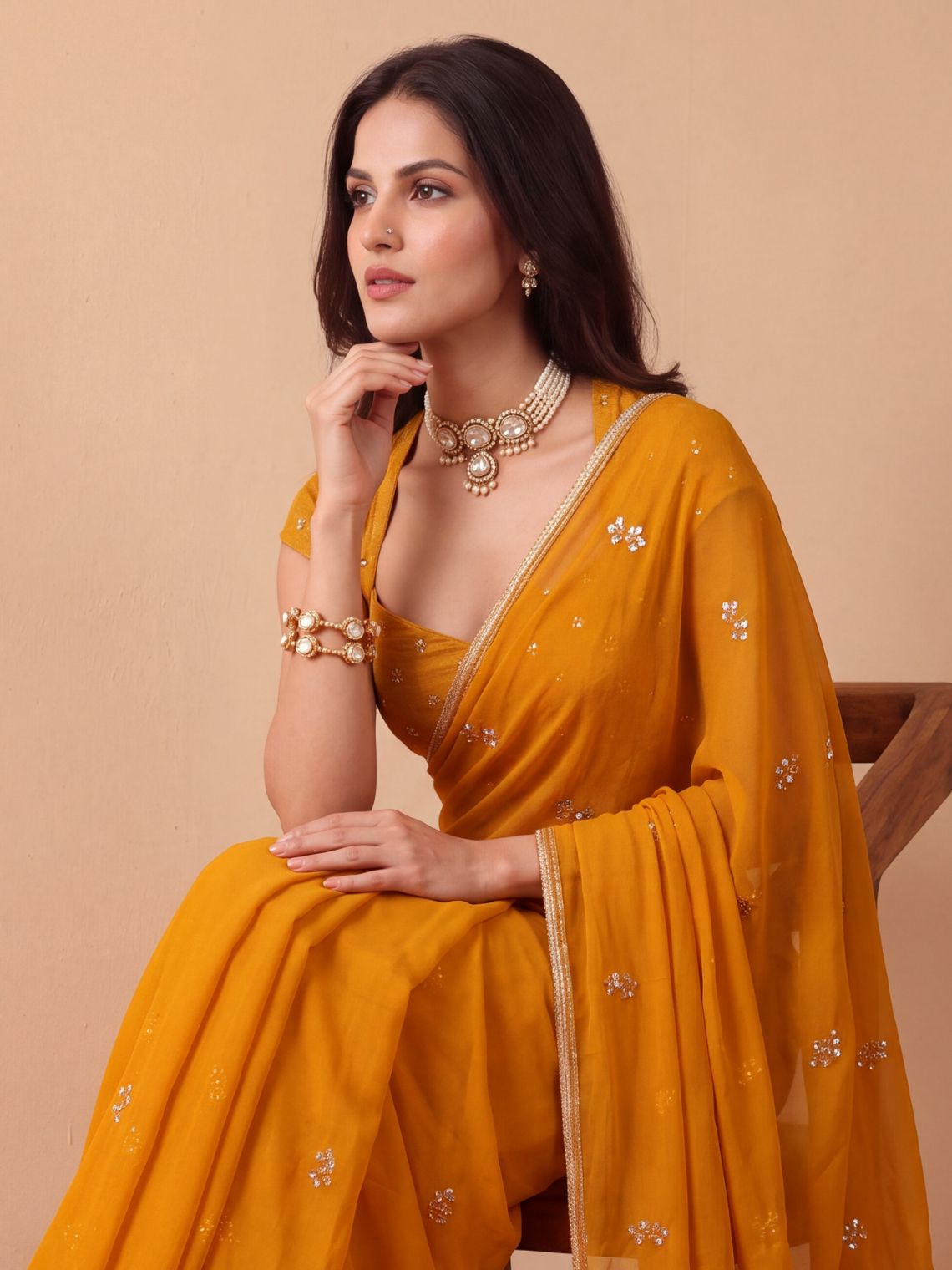 Shagun Hand Embroidered Kasab Work Chiffon Saree with Blouse Piece - Chowkhat Lifestyle