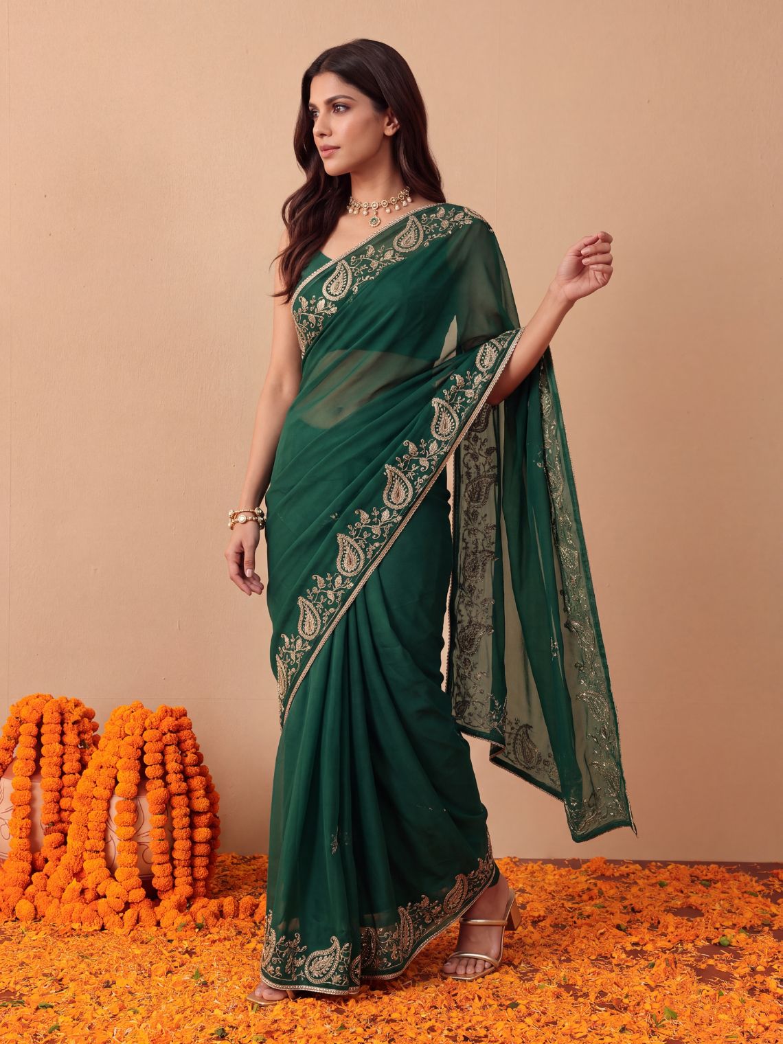 Avani Hand Embroidered Zari Work Chiffon Saree with Blouse Piece - Chowkhat Lifestyle