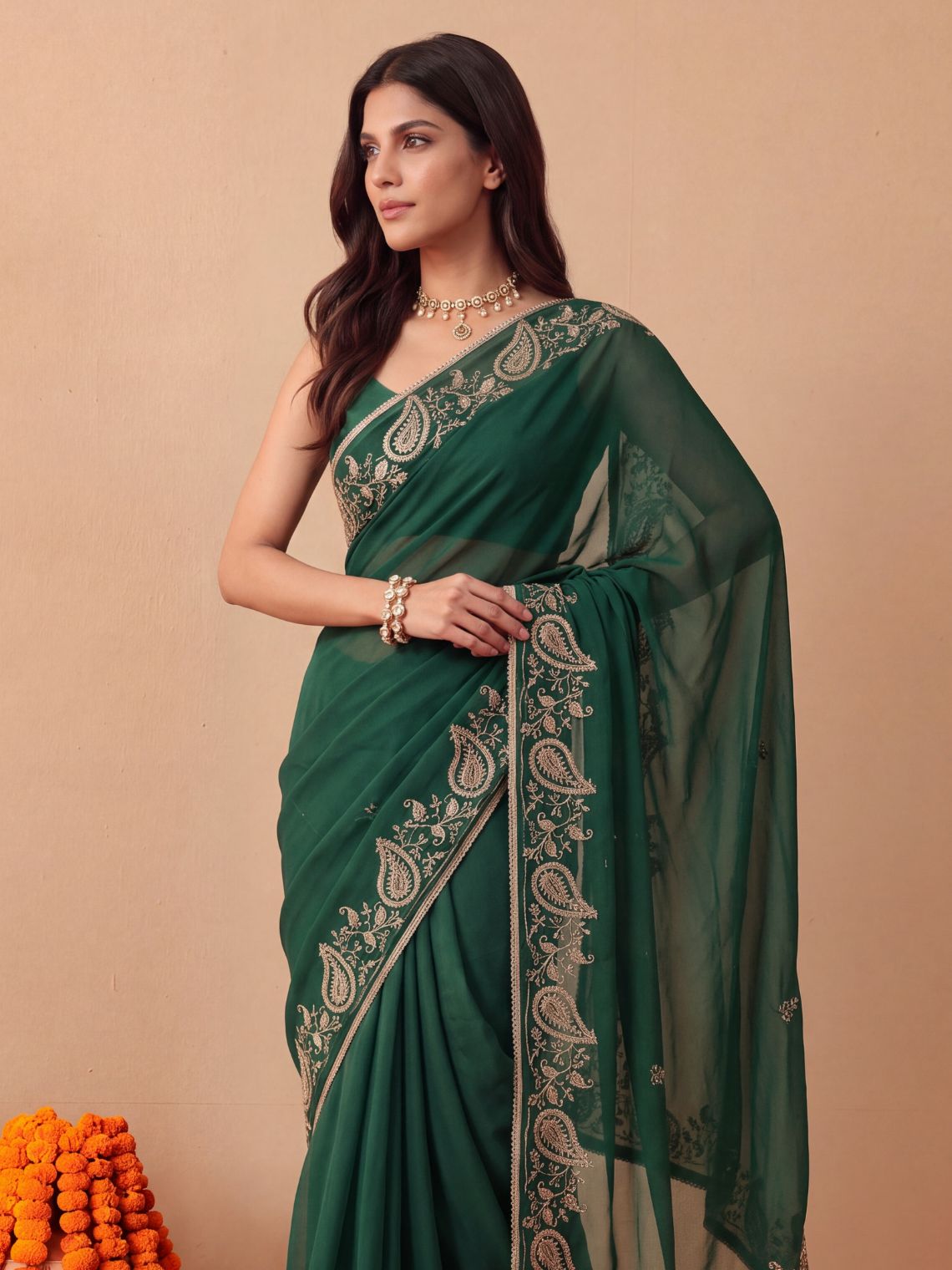 Avani Hand Embroidered Zari Work Chiffon Saree with Blouse Piece - Chowkhat Lifestyle