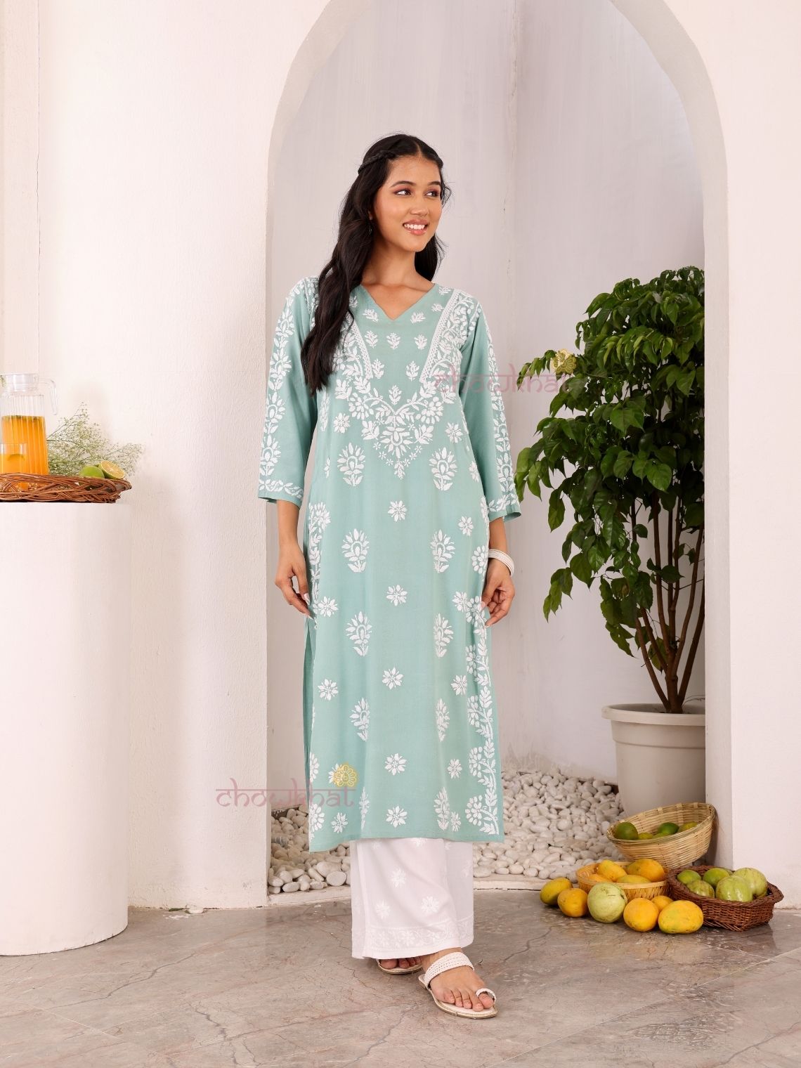 Navya Rayon Straight Chikankari Kurti with Lace - Chowkhat Lifestyle