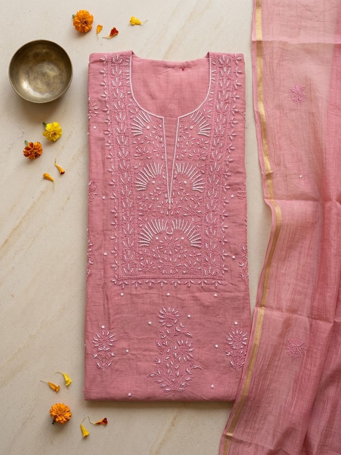 Sreeja Hand Embroidered Chikankari Mul Chanderi Unstitched 3 Piece Suit set - Chowkhat Lifestyle