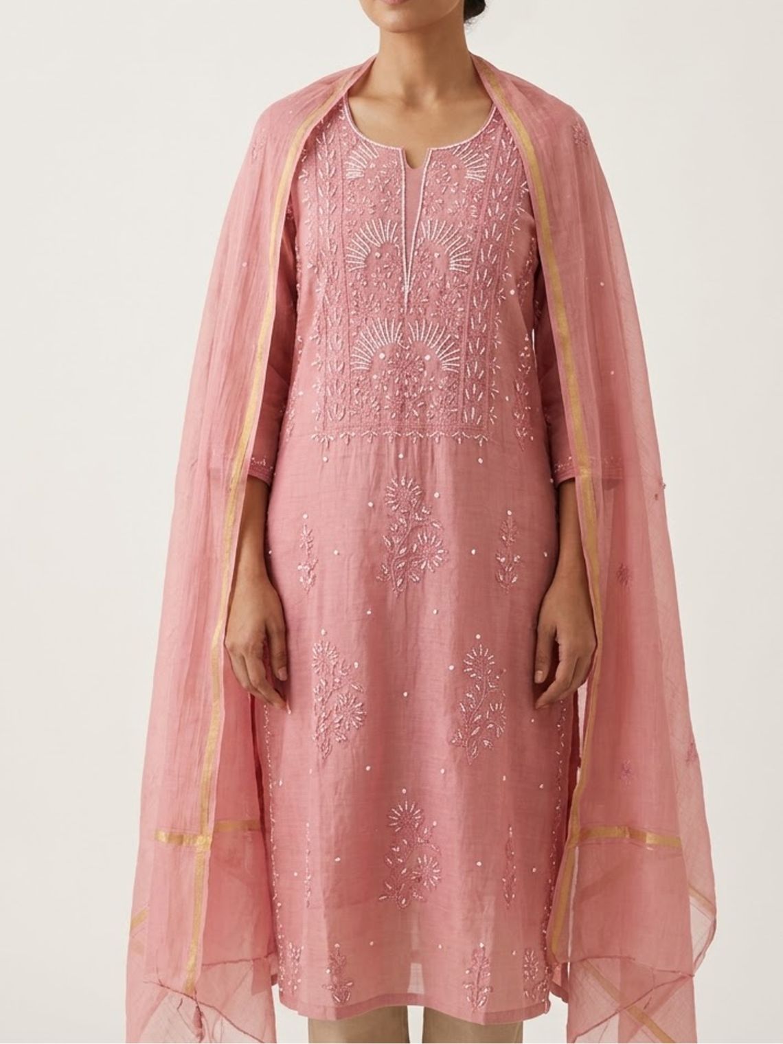 Sreeja Hand Embroidered Chikankari Mul Chanderi Unstitched 3 Piece Suit set - Chowkhat Lifestyle
