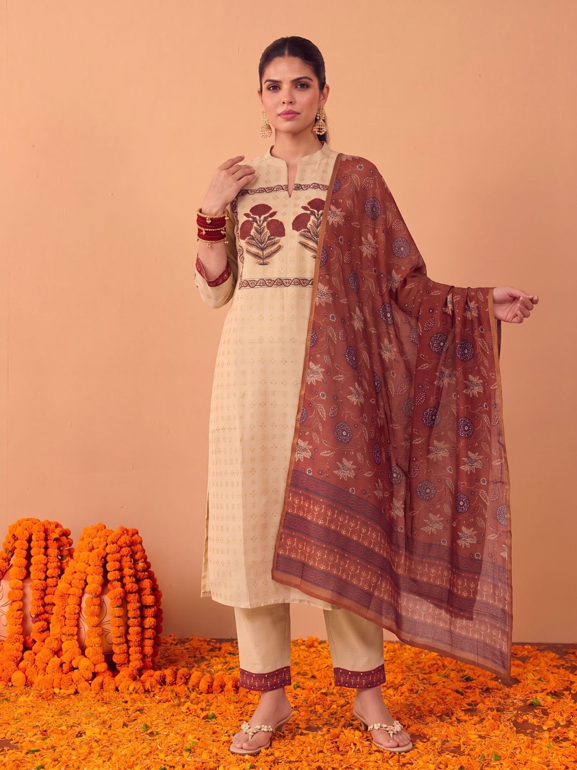Ruhina Chanderi Cotton 3 Piece Stitched Suit Set with hand block & Handwork - Chowkhat Lifestyle