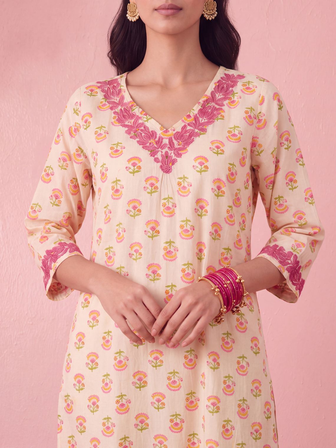 Naisha Straight Long Chikankari Cotton Kurta with Pocket - Chowkhat Lifestyle