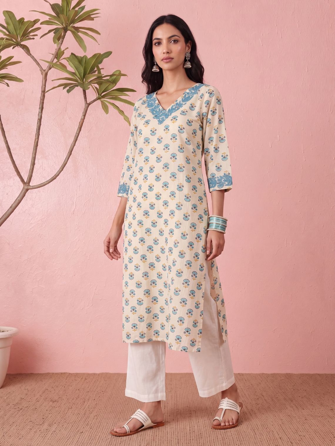 Naisha Straight Long Chikankari Cotton Kurta with Pocket - Chowkhat Lifestyle