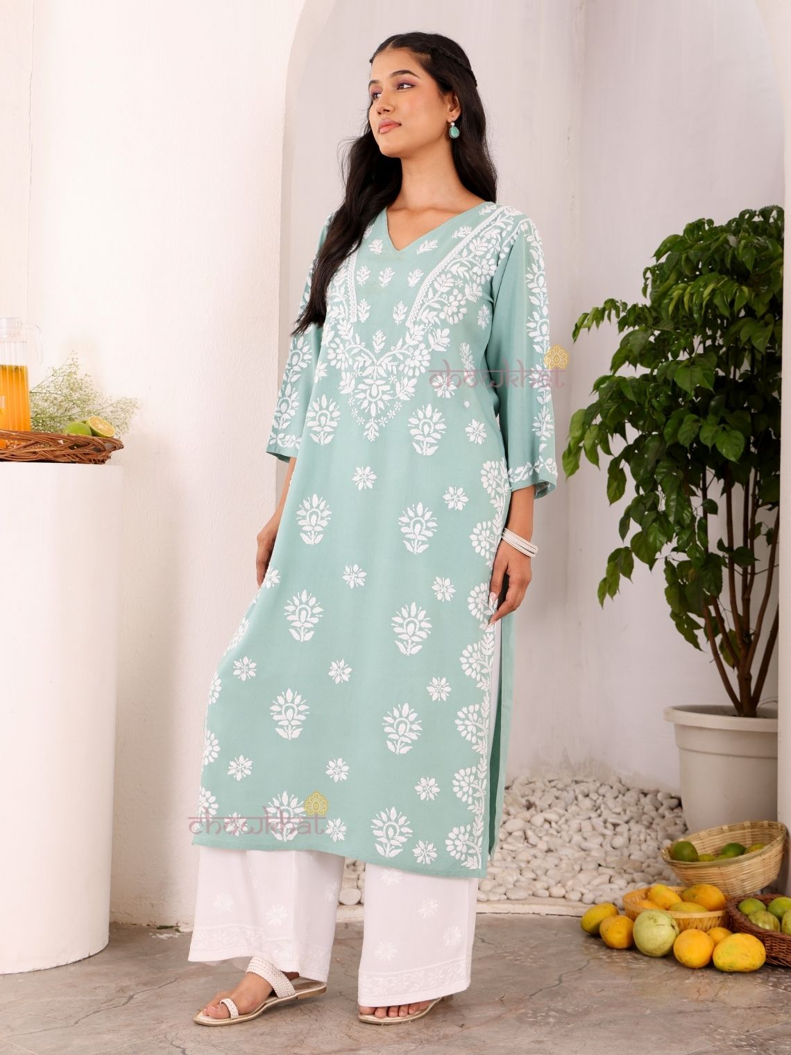 Navya Rayon Straight Chikankari Kurti with Lace - Chowkhat Lifestyle