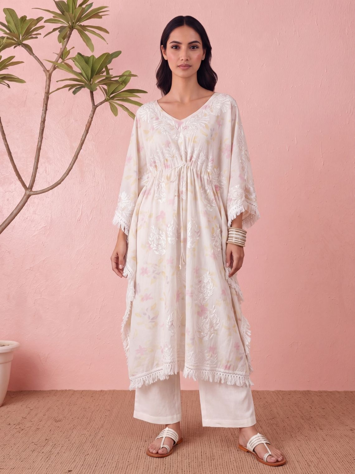 Vrinda Mul Cotton Long Chikankari Kaftan - Chowkhat Lifestyle