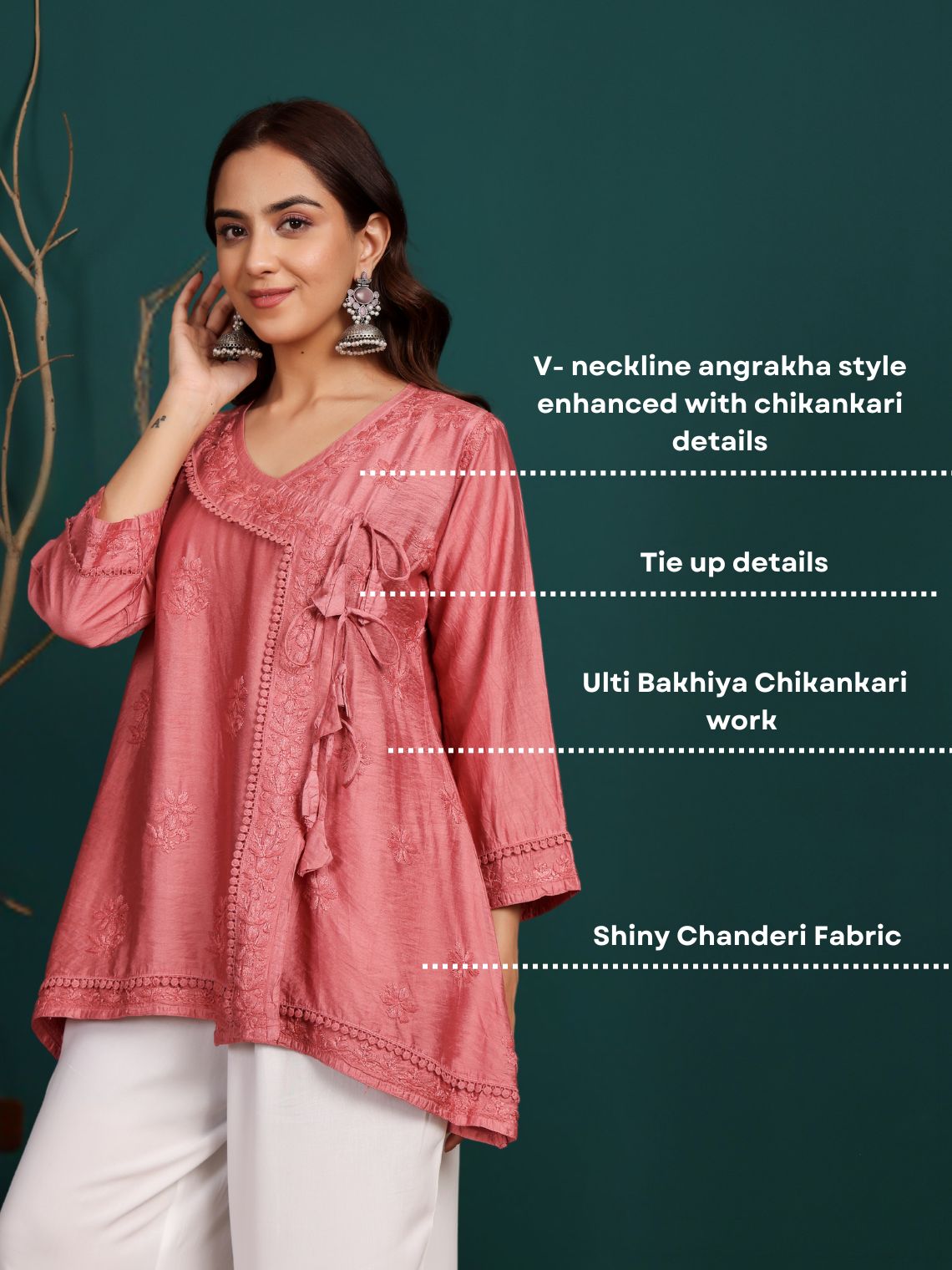 Laina Angrakha Style Short Chanderi Chikankari Kurti - Chowkhat Lifestyle