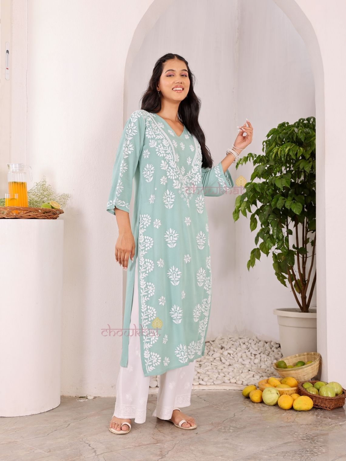 Navya Rayon Straight Chikankari Kurti with Lace - Chowkhat Lifestyle