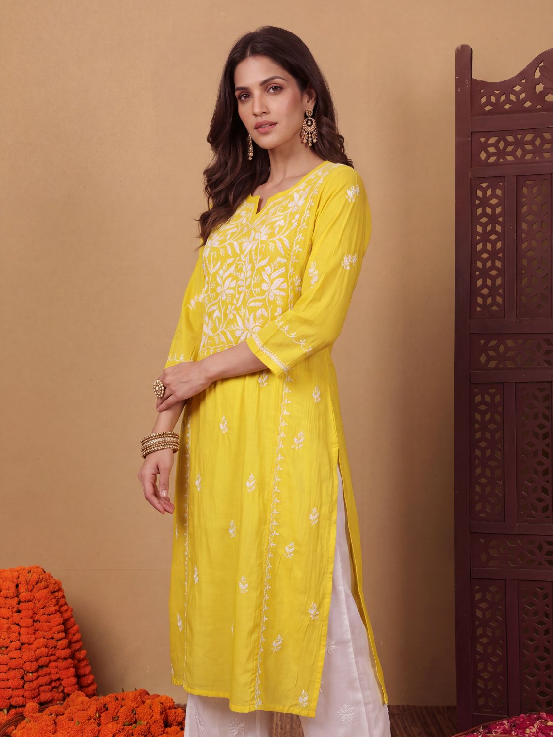 Naina Premium Roman Silk Long Hand Embroidered Chikankari Kurti - Chowkhat Lifestyle