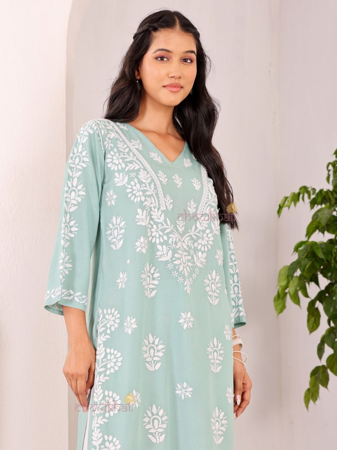 Navya Rayon Straight Chikankari Kurti with Lace - Chowkhat Lifestyle