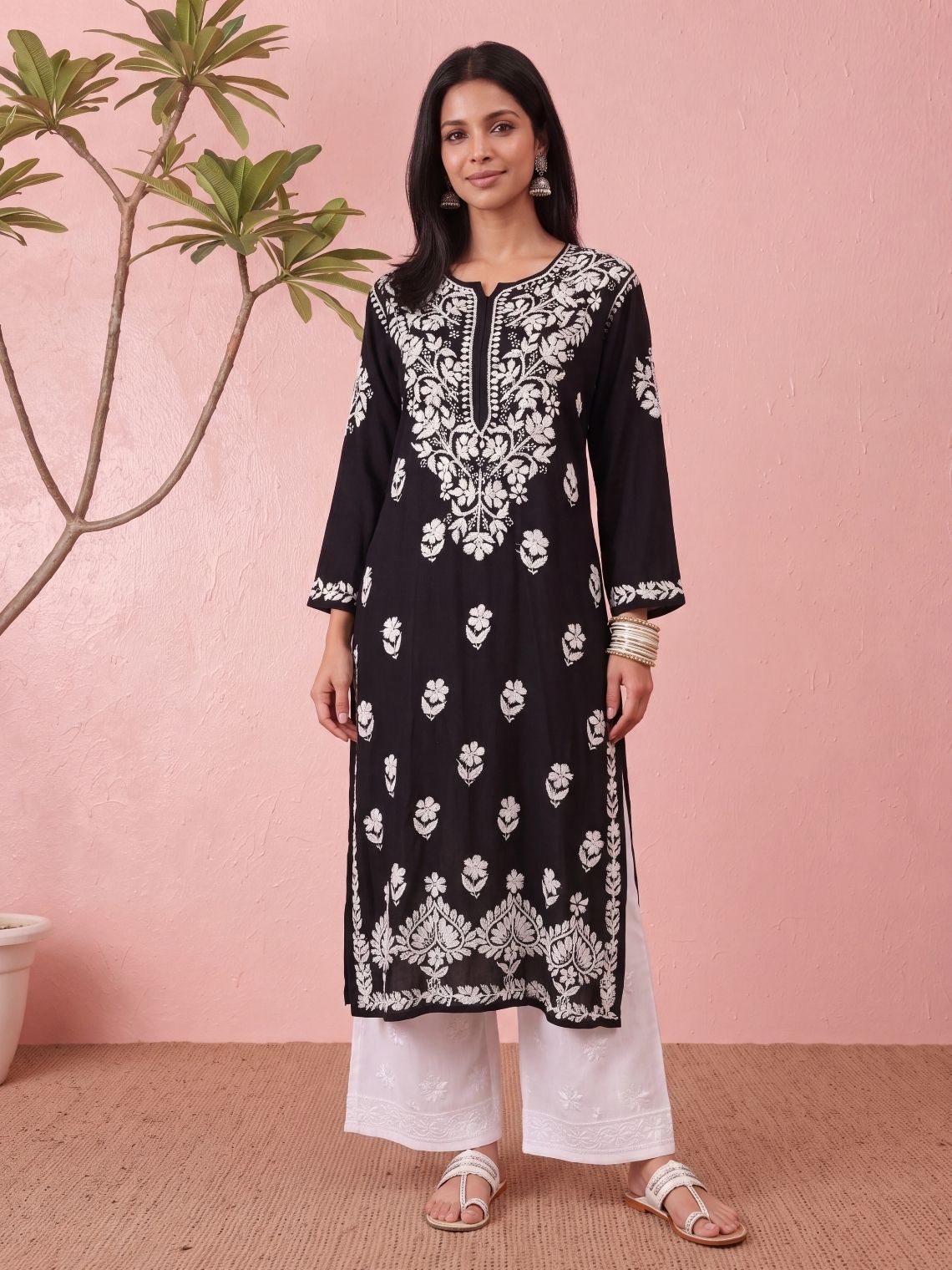 Nirvi Modal Straight Long Chikankari Kurti - Chowkhat Lifestyle