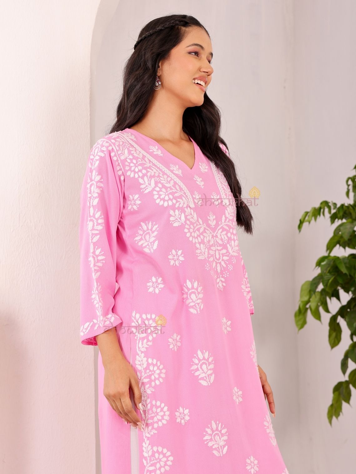 Navya Rayon Straight Chikankari Kurti with Lace Detailing - Chowkhat Lifestyle