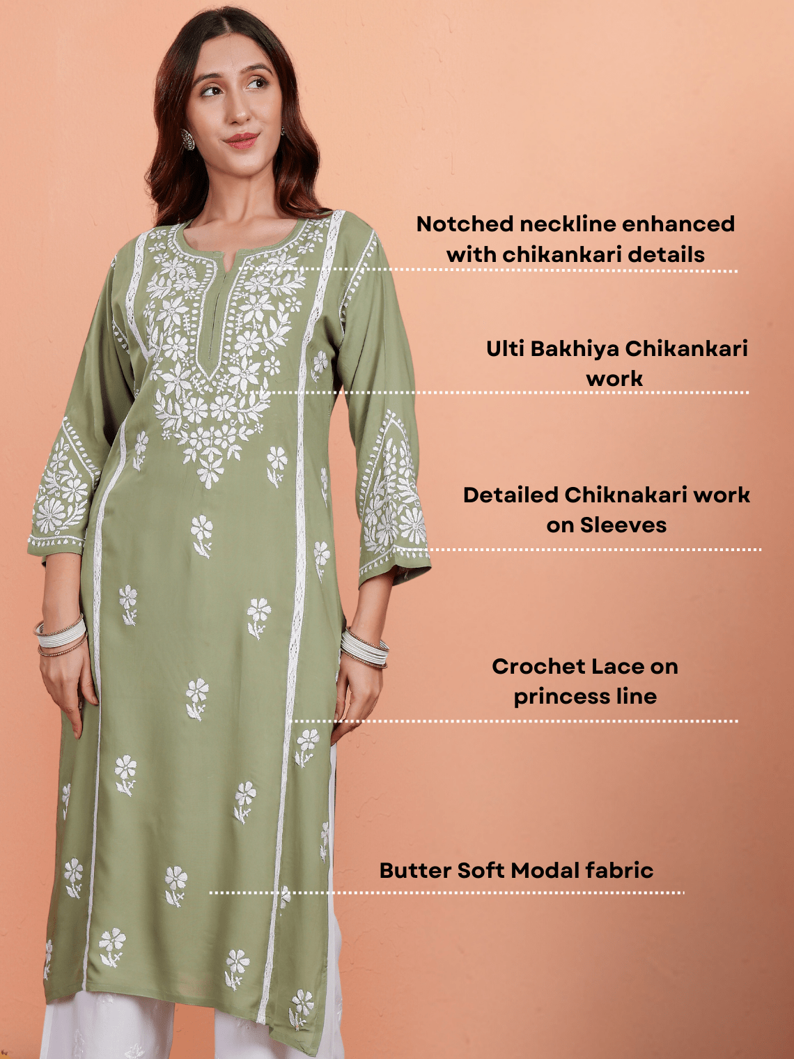 Janya Premium Modal Chikankari Kurti with Lace Detailing - Chowkhat Lifestyle