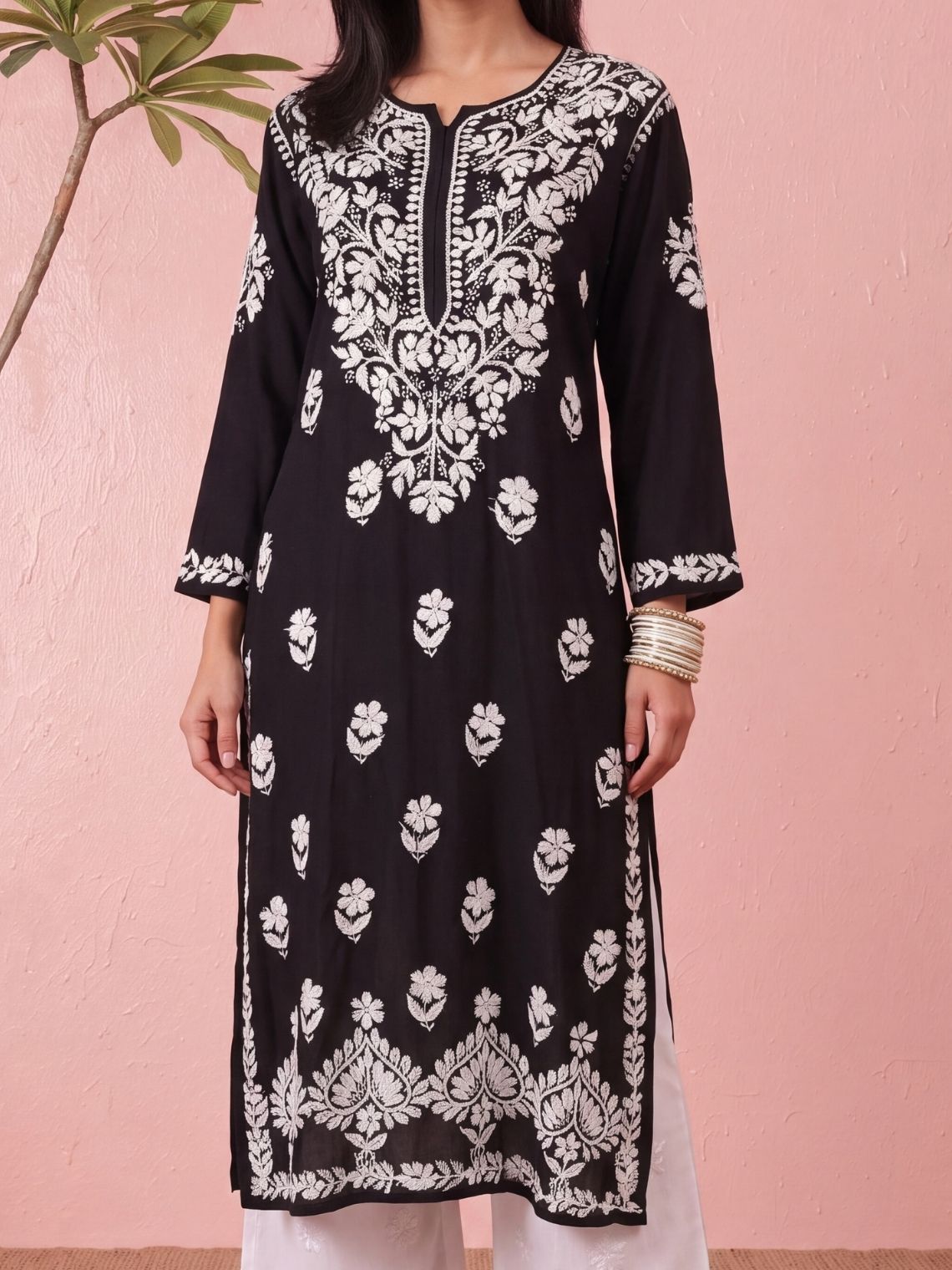 Nirvi Modal Straight Long Chikankari Kurti - Chowkhat Lifestyle
