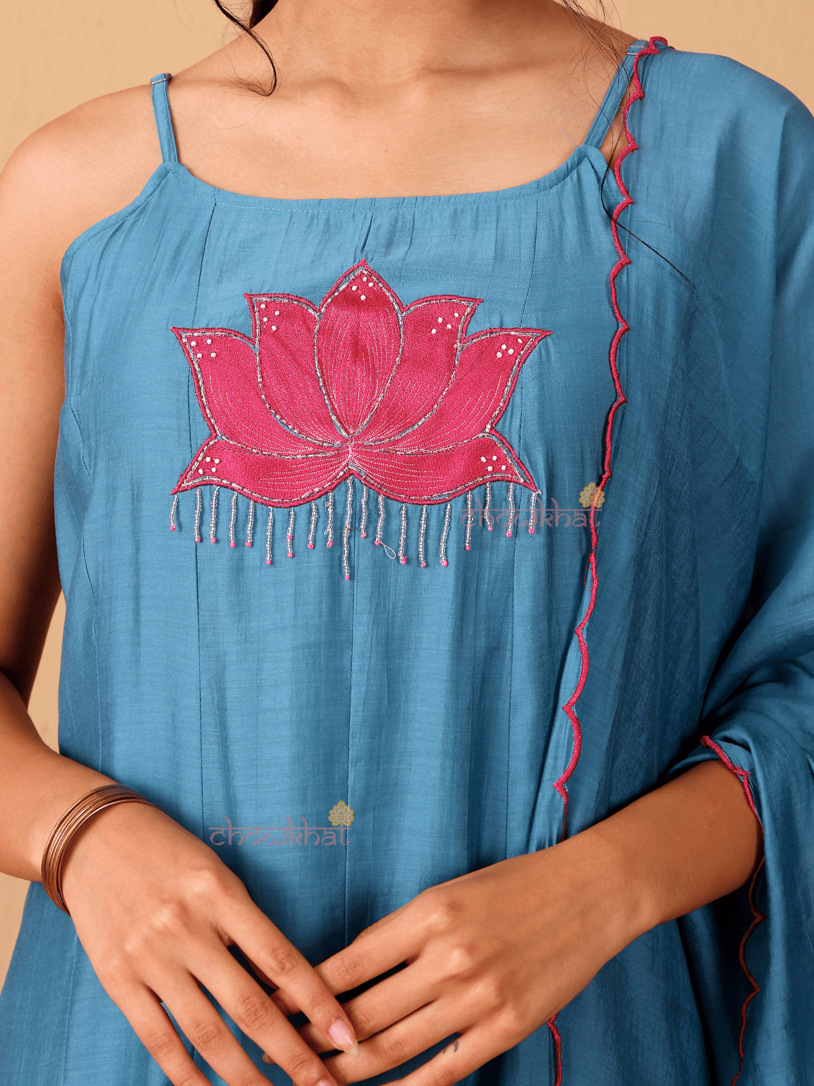 Padma Mul Chanderi 3 Piece Strappy Stitched Suit Set with Adda Work - Chowkhat Lifestyle