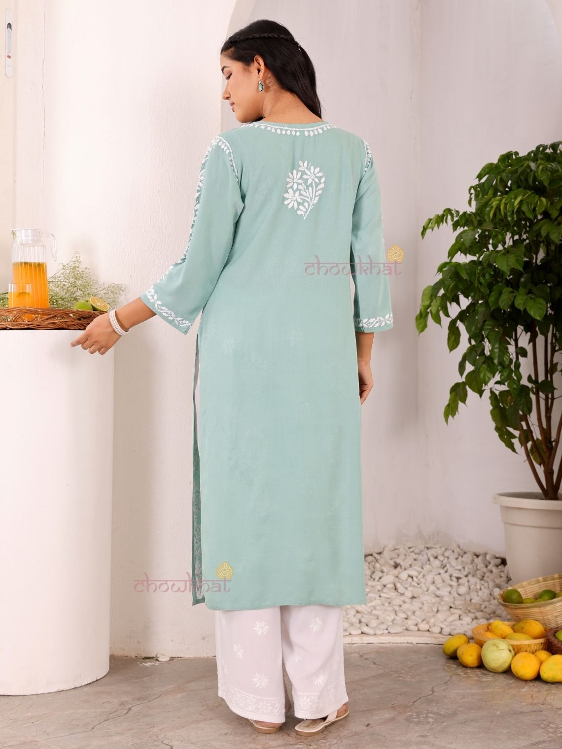 Navya Rayon Straight Chikankari Kurti with Lace - Chowkhat Lifestyle