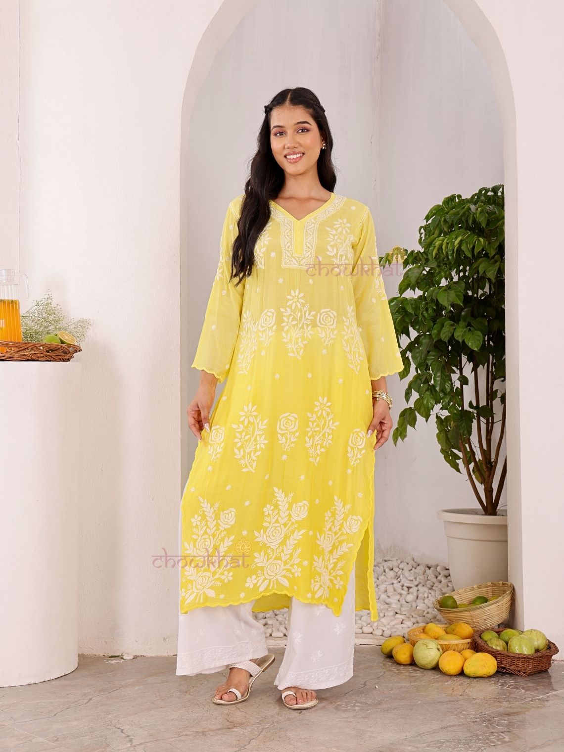 Rooh Premium Muslin Long Chikankati Scalloped Kurti - Chowkhat Lifestyle