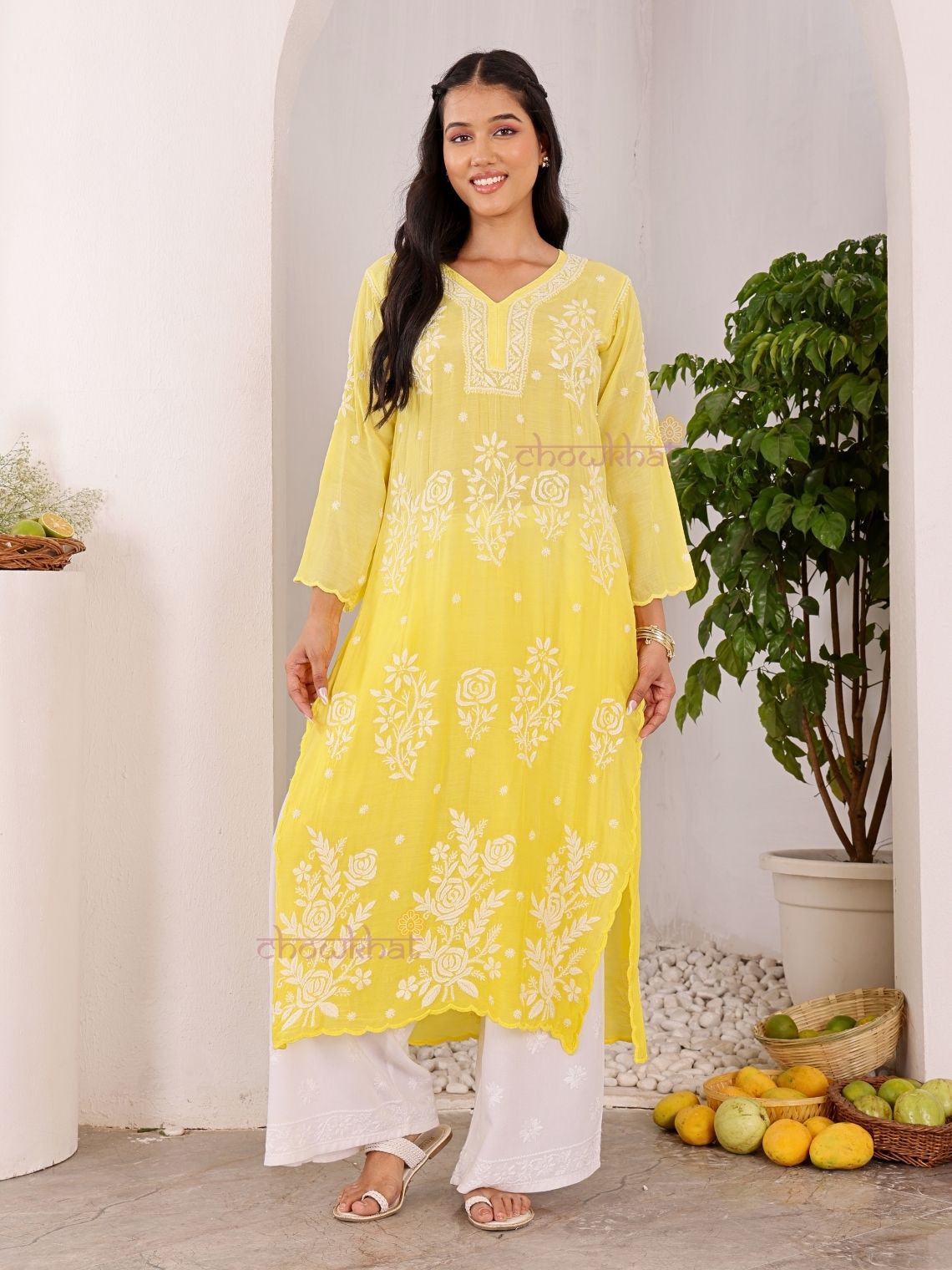 Rooh Premium Muslin Long Chikankati Scalloped Kurti