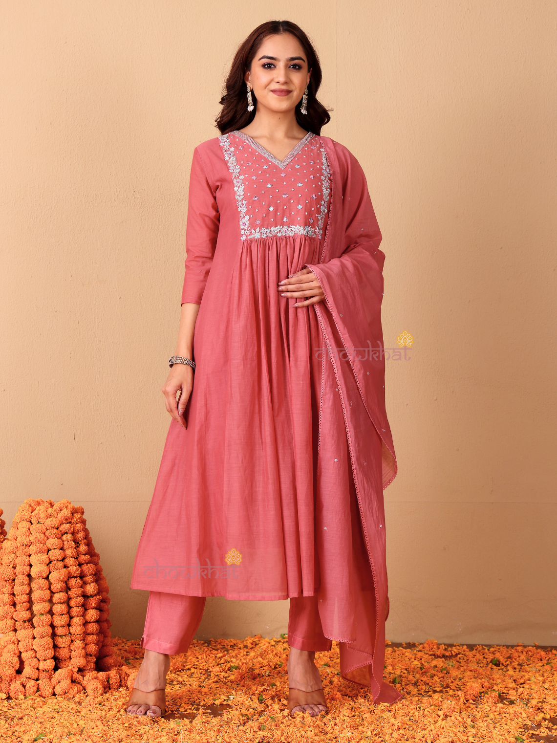 Rhea Mul Chanderi 3 Piece Nyra Style Stitched Suit Set with Adda Work