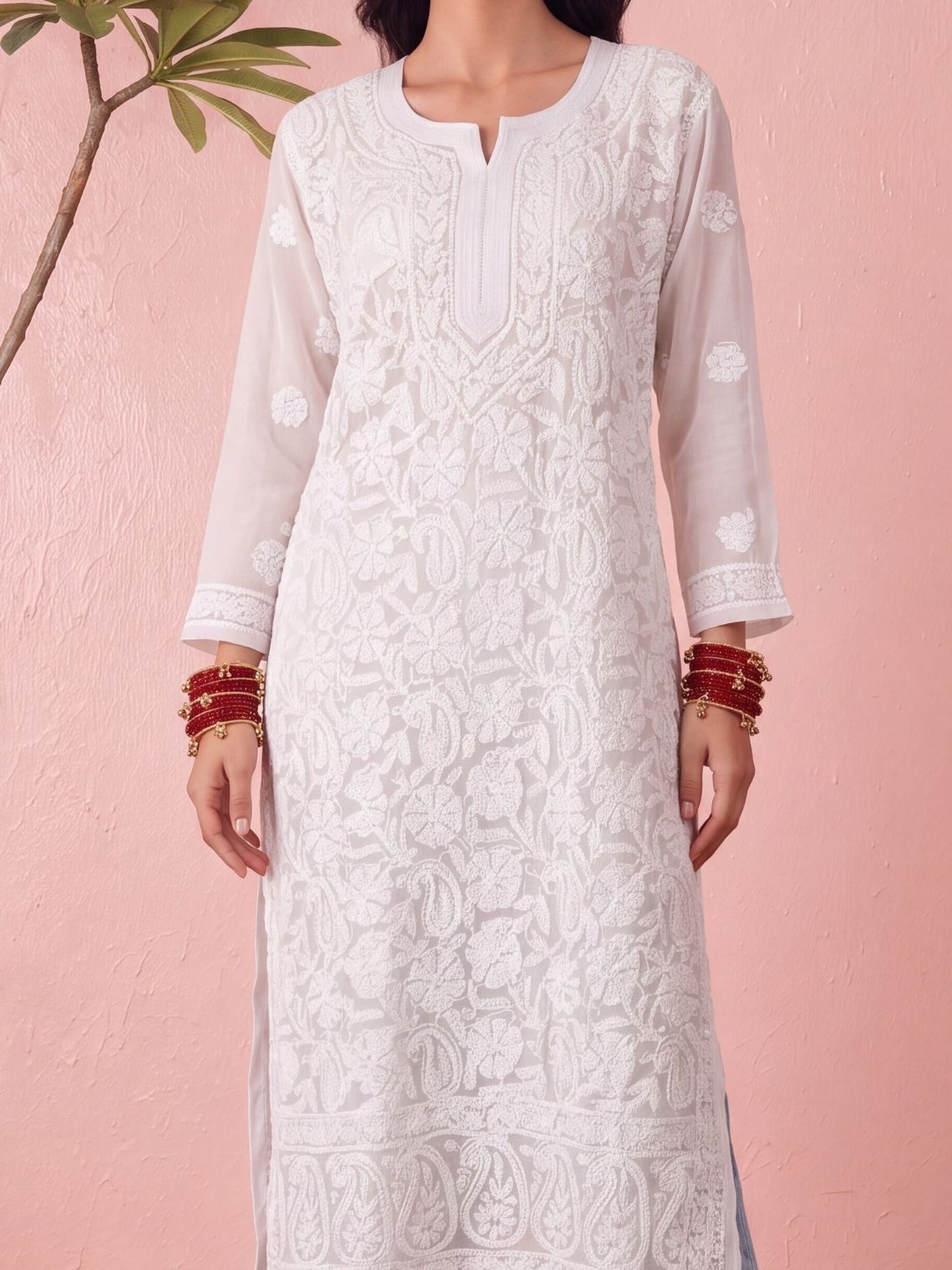 Rubina Georgette Straight Long Chikankari Kurti - Chowkhat Lifestyle