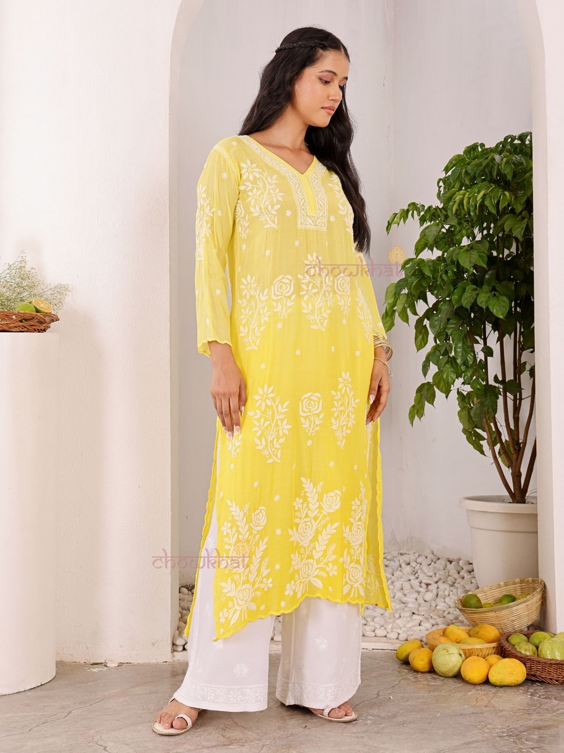 Rooh Premium Muslin Long Chikankati Scalloped Kurti - Chowkhat Lifestyle