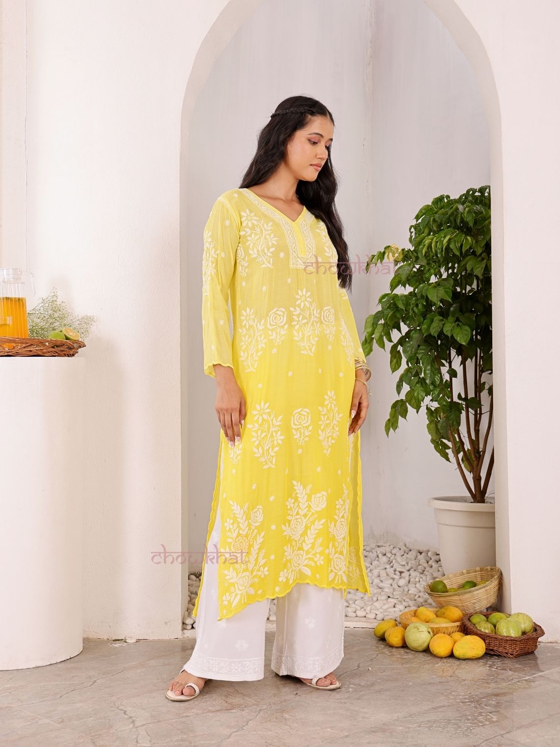 Rooh Premium Muslin Long Chikankati Scalloped Kurti - Chowkhat Lifestyle