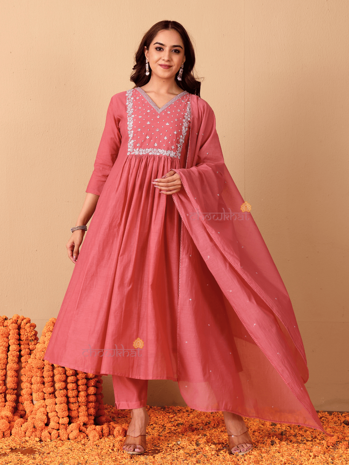 Rhea Mul Chanderi 3 Piece Nyra Style Stitched Suit Set with Adda Work - Chowkhat Lifestyle